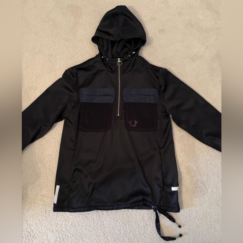 True Religion Black Hooded Pullover Jacket with Dark Blue Accents